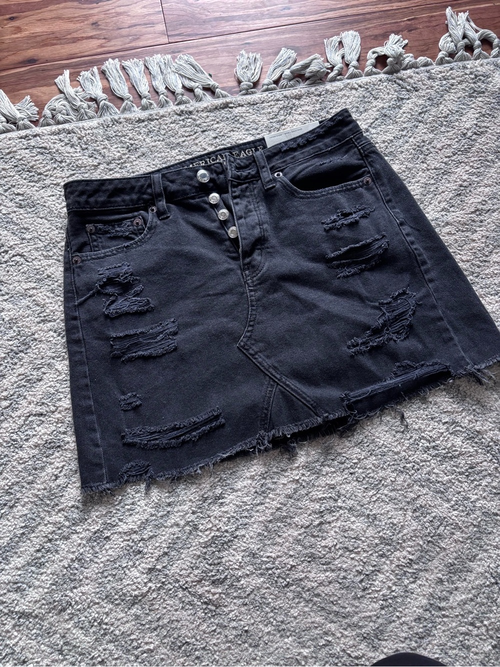 American Eagle Outfitters Black Distressed Jean Mini Skirt